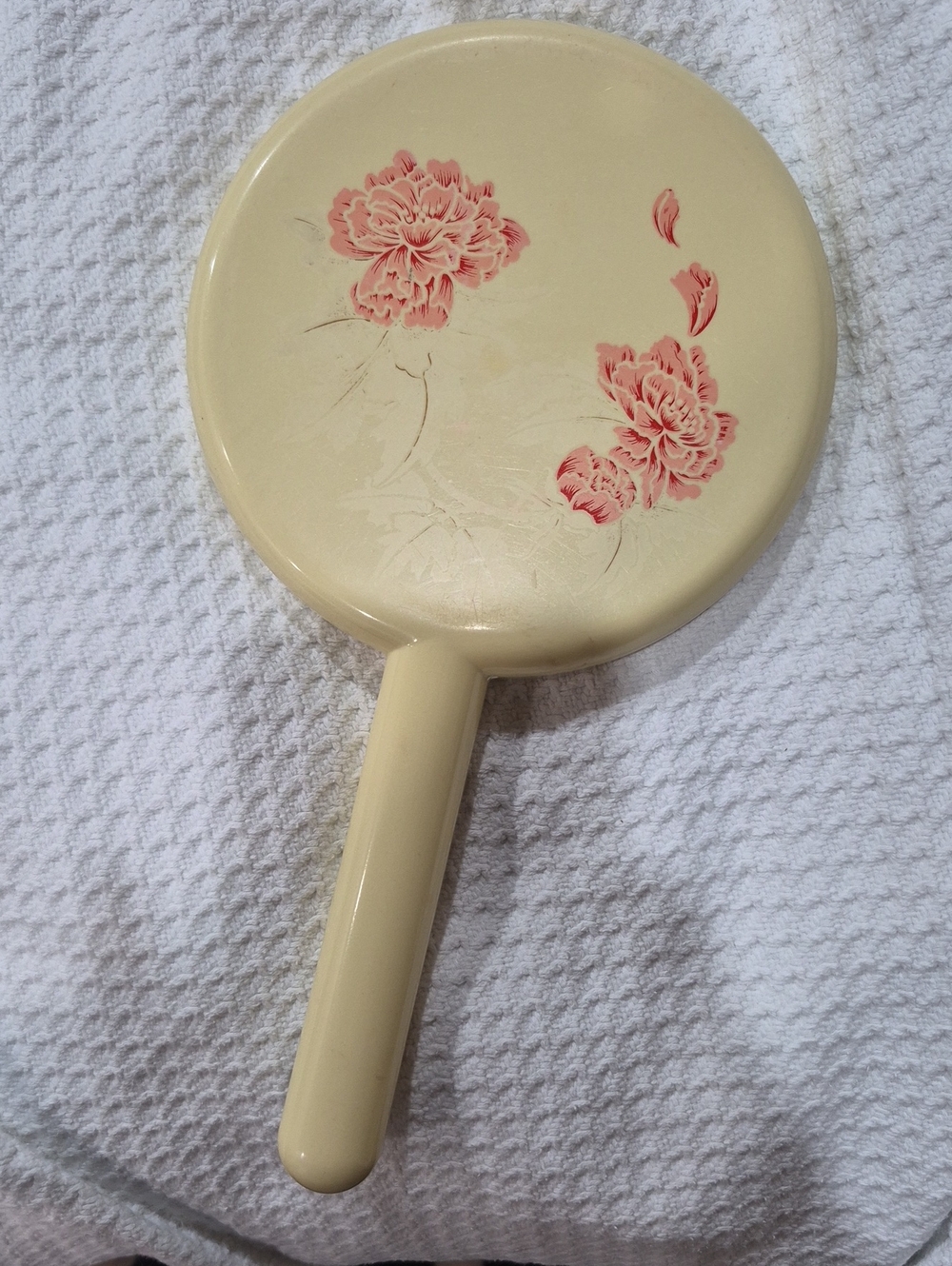 Vintage Merle Norman Hand Mirror Yellow Plastic With Pink Carnations Floral